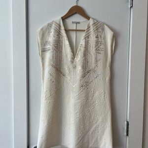 Elegant Cream Patterned Dress with Gold Accents